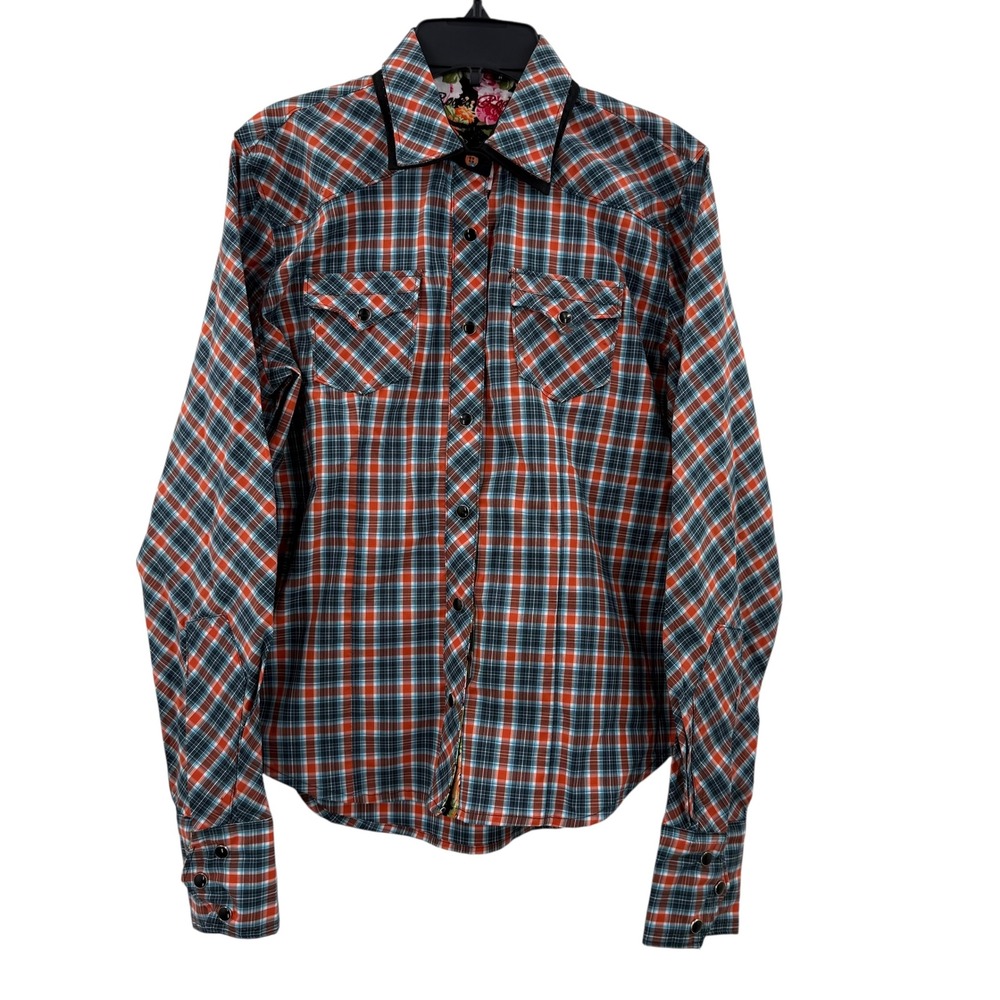 Womens Plaid Western Shirt Floral Trim Button Up Long Sleeve Cowgirl Top‎ Medium